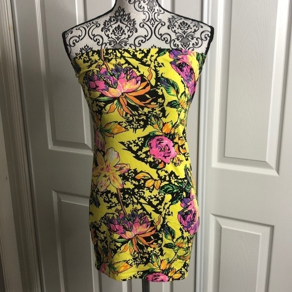 Forever 21 Dress Yellow Pink Bright Body Con L New - Picture 1 of 5